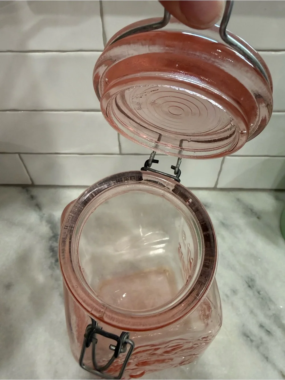 Pink Glass Italian Jar, Bale Wire Slanted Clamp Lid Jar